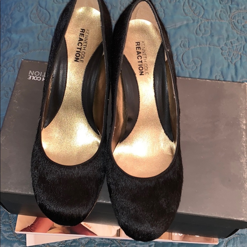Black & Gold pony hair wedges